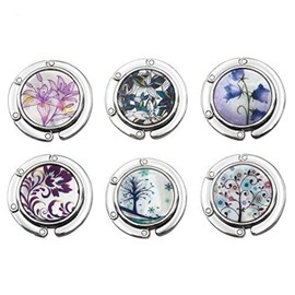 FOME Handbag Hanger, Set of 6 Foldable Purse Hook Purse Table Hook Holder Flower and Tree Pattern Bag Hanger Hook 3.54x1.77in Mixed Color