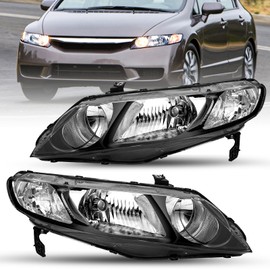 SOCKIR Headlight Assembly Compatible with 2006-2011 Honda Civic 4-Door Sedan Headlamp Pair Replacement Passenger and Driver Side (Black Housing with Clear Reflector)