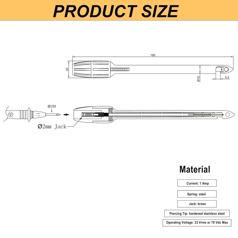 ZIBOO ZB82-L Insulation Piercing Clip Set 2 mm Probes Connections,Wire