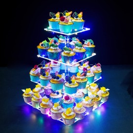 OLACHIKKO Cupcake Stand, 4-Tier Square Cupcake Holder with LED light String, Acrylic Cupcake Tower Display-Dessert Tower-Pastry Stand-Cupcake Tier Stand for Wedding, Birthday party ( Colorful Light)