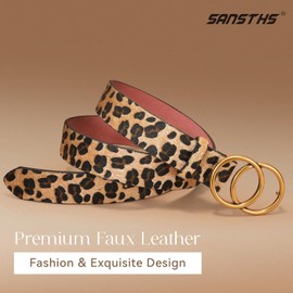 SANSTHS 2 Pack Women Leather Belts Faux Leather Jeans Belt with Double O-Ring Buckle (Black & Leopard, M)