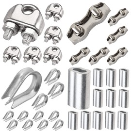Leaum 36 Piece Wire Rope Clamp Set, with Wire Rope Clamp 3 mm Stainless Steel M3, Wire Rope Thimbles 3 mm and Press Clamp 3 mm Aluminium for Wire Rope, Steel Cable
