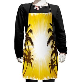 Ambesonne Palm Tree Apron, Holiday Theme a Sunny Tropical Place with Palm Trees Illustration Print, Small Apron Bib with Adjustable Ties for Baking Painting, Small Size, Yellow and White