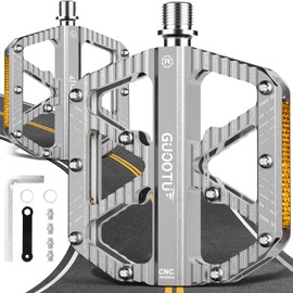 GUOOTU German Professional Bicycle Pedals, CNC Aluminium MTB Pedals, Lightweight, 3 Sealed Bearings, Non-Slip for Mountain Bike, City Bike, Road Bike, BMX, E-Bike (Silver)