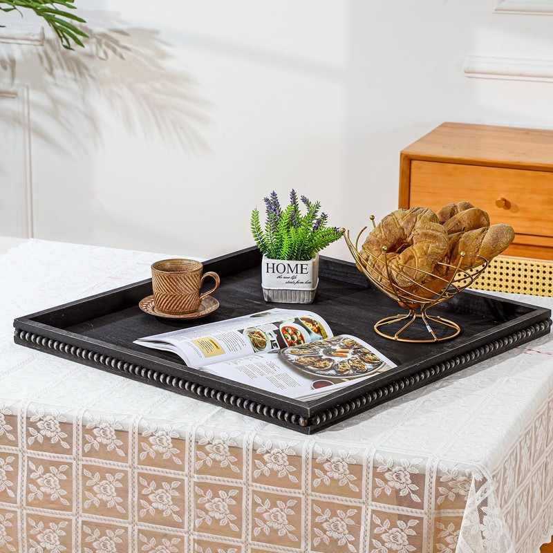 Nuogo Extra Large Square Ottoman Table Tray with Wooden Bead