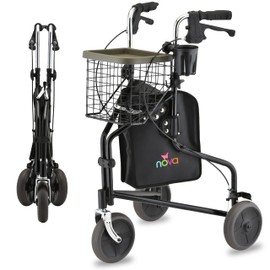 Nova Joy Traveler Folding 3 Wheel Walker with Tray, Basket and Pouch - Lightweight Mobility Aid for Seniors - 8 Inch Wheels - Essential for Tight Spaces and Travel - Black