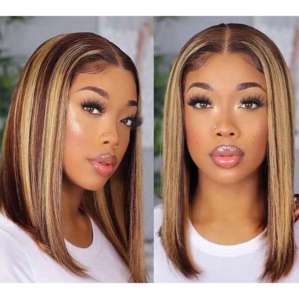Bob Wig Human Hair 13x4 Lace Front Wig 150% Density Highlight Lace Front Wigs Human Hair Pre Plucked With Baby Hair Brazilian Straight Brown Blonde Bob Wig For Black Women (16 Inch, Lace Front Wigs Bob)