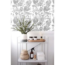 Blooming Wall Lotus Lily Damasks Peel and Stick Wallpaper Wall Mural (17.7“x394”, Black/White)