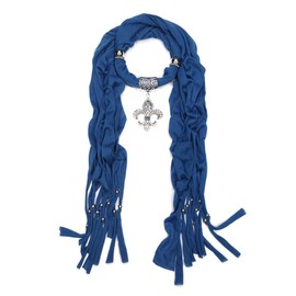 Elegant Charm Pendant Jewelry Necklace Scarf w/Fleur de lis Medallion, Blue