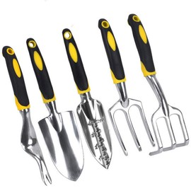 TopHomer 5 Pcs Aluminum Alloy Heavy Duty Gardening Kit Include Small Shovel Right Angle Fork Shovel Weeding Fork Transplanter with Non-Slip Rubber Grip for Transplanting Weeding Digging Planting