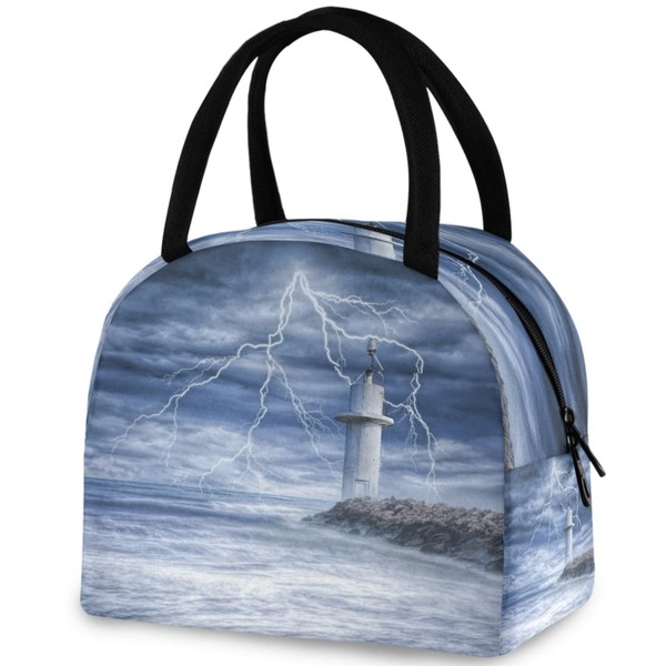 ZzWwR Ocean Thunderstorm Lighthouse Reusable Lunch Tote Bag Insulated Thermal