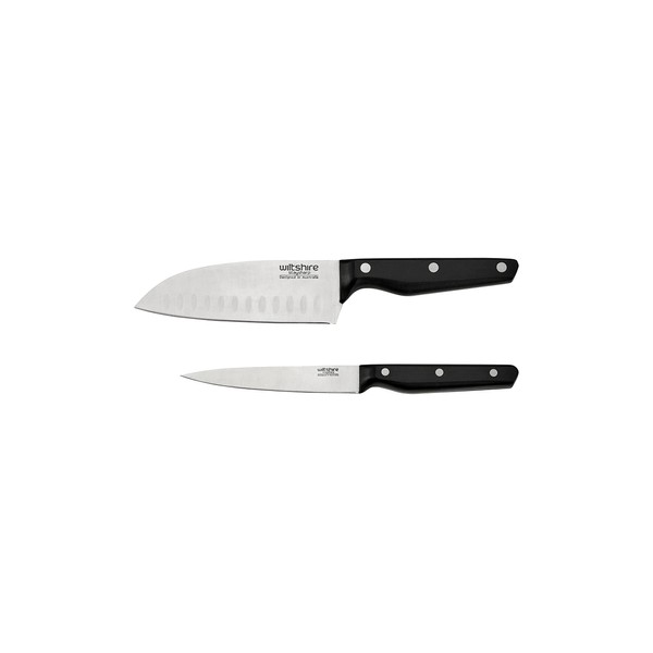 Wiltshire Staysharp Triple Rivet Duo Set, Santoku & Utility Knives 2pc, Patented 2 Stage, Self-Sharpening System for Improved Cutting Performance, Slim Design Scabbard, Colour: Black, Silver, Green
