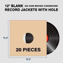 20PCS 12 Inch Brown Vinyl Record Jackets, Thick Cardboard Sleeves with Center Hole, Blank LP Album Covers for 33 RPM Storage & Organization, 350gsm LP Jackets for Record Storage