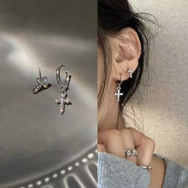 Wendalern Cross Earrings Sterling Silver CZ Cross Earrings Tiny Cubic Zirconia Cross Stud Earrings Asymmetrical Cross Earrings Jewellery for Women and Girls, Alloy Steel Sterling Silver