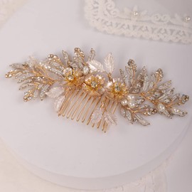Missgrace Peine para el pelo con diseño de hojas de perlas de cristal plateado y dorado, con diamantes de imitación, para novia, peines laterales de flores, accesorios para el cabello para novias y mujeres (dorado)