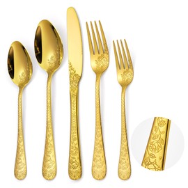 A·HOUSEWARE Gold Flatware Floral Set Stainless Steel Silverware 30 Piece Forks Spoon Knives Cutlery for 6 Kitchen Utensil Vintage Embossed Handle Durable Festival Parties Everyday Use