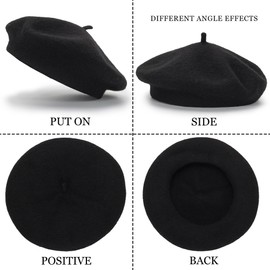 Women French Beret Hat - Winter Warm Wool Artist Beanie Cap | Classic Fashion Beret for Ladies and Girls Black