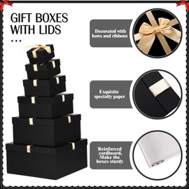 Chivertion 6 Pack Large Nesting Gift Boxes with Lid Ribbon 6 Size Square Gift Wrapping Stacking Boxes for First Day of School Birthday Wedding Bridal Baby Shower Party Decorative(Black)