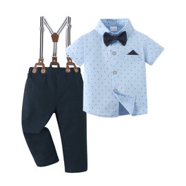CARETOO Toddler Baby Boy Clothes Suit Gentleman Wedding Outfits Formal Dress Shirt+Bowtie+Suspender Pants 18-24 Months Blue