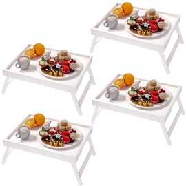 Fibogollo 4 Pack Bamboo Bed Tray Table with Folding Legs,Breakfast Trays,Serving Tray for Food and Snack,Laptop Trays for Working(White)