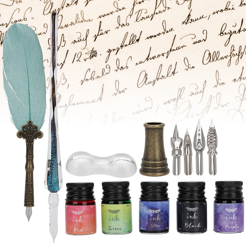 Vintage Feather Dip Pen with Ink 4 Nibs Set School