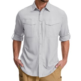 mixtiq Men's Sun Protection Safari Shirts Long Sleeve UPF 50 UV Quick Dry Travel Hiking Fishing Shirts with Zipper, 5079, Light Grey,XXL