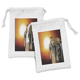 Ambesonne Savannah Fabric Pouch Set of 2, Leopard Sitting on Dry Tree at Sunset Danger in Air Big Cat with Spotted Form, Small Drawstring Bag for Toiletries Masks and Favors, 9" x 6", Orange Brown