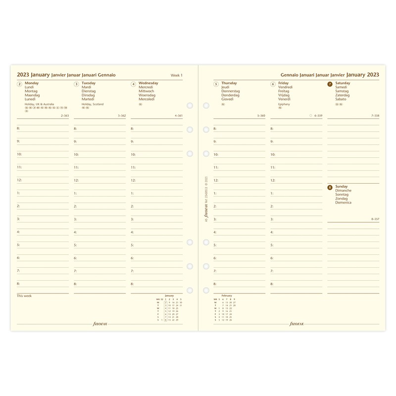 Filofax A5, 1 week on 2 pages, cotton cream (multilingual)
