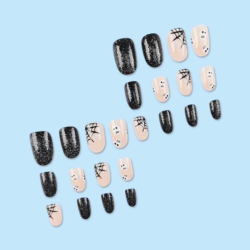 Carufin 24Pcs Black Spider Web False Nails Short Nails Ghost
