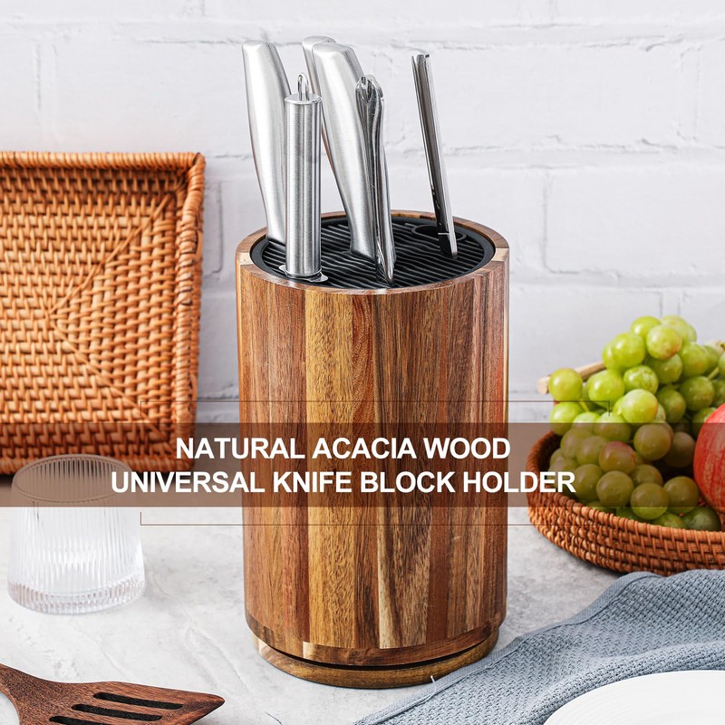 Hushee Wooden Knife Holder Block with Plastic Lid, 360° Rotating