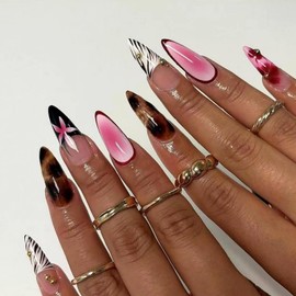 MISUD Uñas Postizas Largas Con Diseño De Stiletto, Brillantes Y Adhesivas, Con Diseño De Flor Rosa, Acrílicas, Almendra, Diseño De Guepardo, 24 Unidades