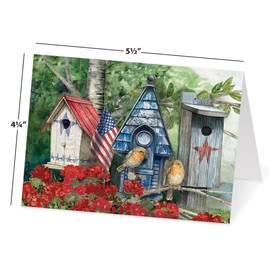 Current Patriotic Birdhouse Note Cards - 10 Cards with White Envelopes, 4¼ x 5½ Inch Size, Blank Inside, Add a Name, For Thank You Notes, or Graduation Gifts