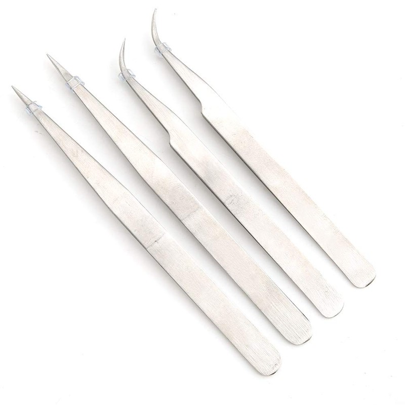 Fdit 4PCS Stainless Steel Straight & Curves Tweezer Tips Set,