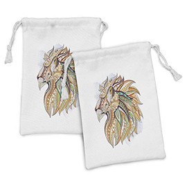 Lunarable Zodiac Leo Fabric Pouch Set of 2, Colorful Composition of Lion Portrait Culture Inspirations Astrology, Small Drawstring Bag for Toiletries Masks and Favors, 9" x 6", Multicolor