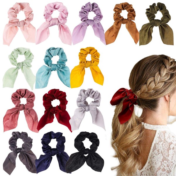 WATINC 14 Pcs Bowknot Hair Scrunchies Super Soft Silk Scarf Hair Ties 2 in 1 Design Solid Colors Scrunchie Ponytail Holder with Bows Pattern Hair Scrunchy Accessories Ropes for Women