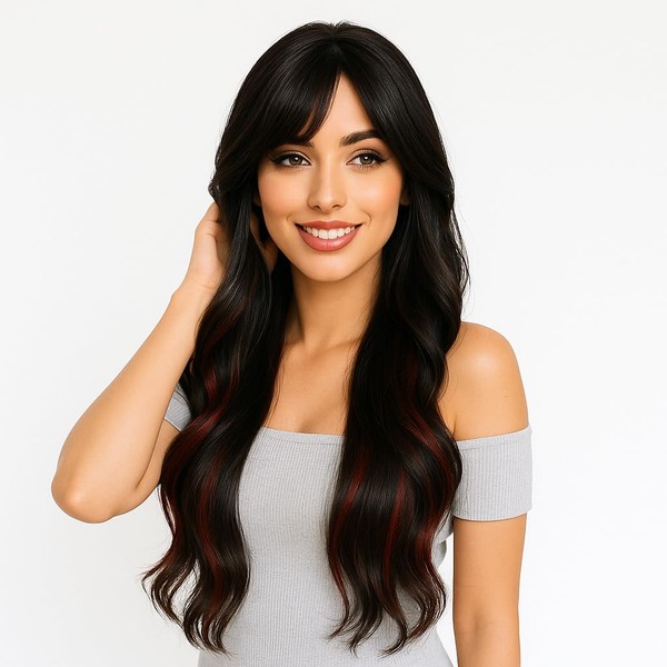 26" Black Brown Red Synthetic Hair Wig with Middle Part