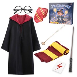 Taikuray Wizard Cosplay Costume Complete Props Accessories Gifts for Birthday Party Magic Robe Magic Wand Eyeglass Frame Knit Scarf Tie Necklace Set（6-8 years）