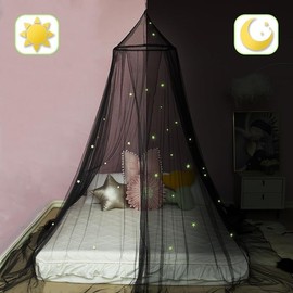 Mosquito Net for Bed, Large Dome Canopy Mosquito Net for Single/Double Bed With Luminous Stars, Girls Room Drcor,Easy Installation for Travel and Home (Black)