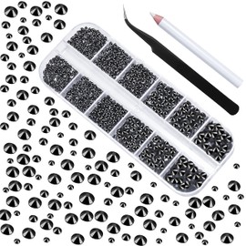 2400 Pcs Nail Gems black Rhinestones Flatback Rhinestones Diamonds Round Crystal nail jewels 6 Sizes (1.9-4.5 mm) Wax Pencil Tweezers for Nail Art Makeup Shoes Bags Crafts DIY (Black) HUETFAT