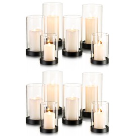 Hewory Hurricane Candle Holder for Pillar Candles: Black Votive Candle Holders Set of 12, Glass Hurricane with Metal Candle Plate, Pillar Candle Holder for Table Centerpiece Wedding Holiday Home Decor
