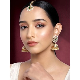 Aheli Kundan Pearl Jhumki Earrings with Maang Tikka Indian Traditional Bollywood Fashion Jewelry Set for Women