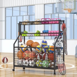Azheruol Ball Storage Rack Large Sports Equipment Organizer Cart for Garage,Home Gym Multifunctional Sports Gear Storage for Indoor Or Outdoor, Ball Rack for Basketball,Baseball, Football, Toys