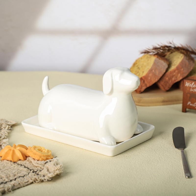 Bicuzat Ceramic Dachshund Butter Dish with Lid, Butter Keeper Butter