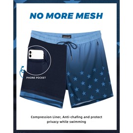 SURF CUZ Mens Swim Trunks with Compression Liner Mens Swimming Trunks 5 Inch Bathing Suit with Zipper Pockets Quick Dry Swim Shorts American Flag Blue Medium