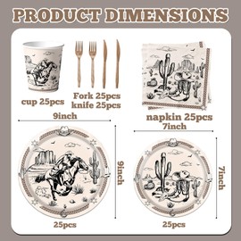 Gupesxu 150Pcs Western Paper Plates and Napkins Set Cowboy Party Supplies Wild West Baby Shower Rodeo Birthday Decorations, Includes Dinner Dessert Plates Napkins Cups Forks and Knives