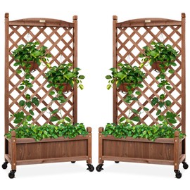 Best Choice Products Set of 2 48in Wood Planter Box & Diamond Lattice Trellis, Mobile Outdoor Raised Garden Bed for Climbing Plants w/Drainage Holes, Optional Wheels - Walnut