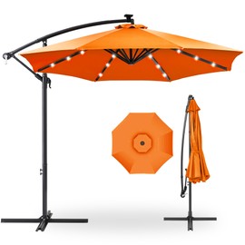 Best Choice Products 10ft Solar LED Offset Hanging Market Patio Umbrella for Backyard, Poolside, Lawn and Garden w/Easy Tilt Adjustment, Polyester Shade, 8 Ribs - Orange