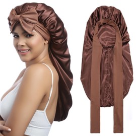 Coubeau Satin Bonnet Wide Elastic Sleep Cap with Wide Band, Ideal for Caring for Long Hair, Silky Design for Women, brown