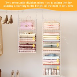 Yuyetuyo ﻿5 Tier Hanging Closet Organizer Separable Hanging Closet Shelves with 4 Hooks 2 Adjustable Dividers, Wire Storage Basket Bins for Clothing Sweaters Socks Dolls Handbags, Foldable