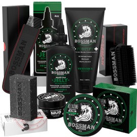 Bossman Big Boss Beard Care Kit for Men - 7 Piece Beard Grooming Kit with Jelly Beard Oil, Beard Conditioner, Beard Balm, MUDstache Wax, Bar Soap, Metal Comb, Brush - Mustache Kit (Vetiver X)